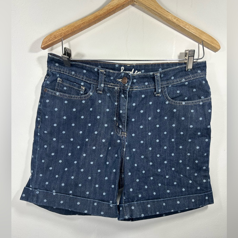 Boden Women's Polka Dot Denim Dark Wash Shorts size US 8L/5" Inseam Cuffed